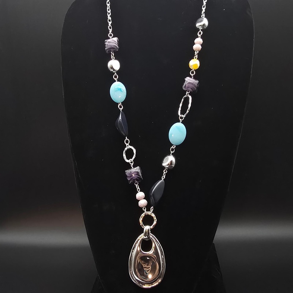 Chicos Jocelyn Beaded Pendant Necklace Silver Tone Blue Purple